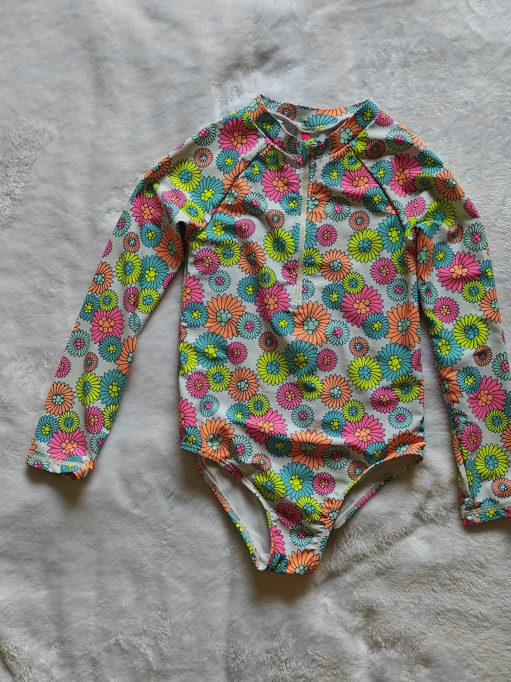 Girls Swimsuit Betsey Johnson Size 6X Neon Flower Power Long Sleeve Half Zip